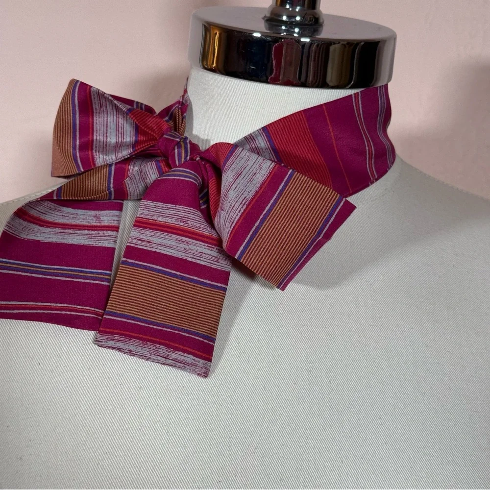 Vintage 1970 80 academia Stripe Magenta Camel Long skinny Bow Neck Scarf Twilly